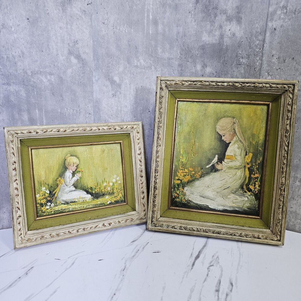 Set of 2 Vintage 70sโ Girl in Nature Bird Flowers Paintings Ornate Wooden Frames